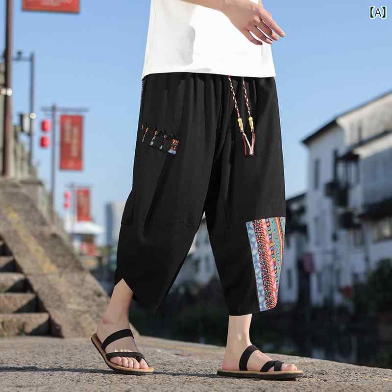 メンズ　カジュアル　ファッション 大きめ サイズ 太った 男性用 リネン クロップドパンツ メンズ 夏用 薄手 ビーチ ショーツ チャイナ風 ゆったり ワイド レッグ ブルマー