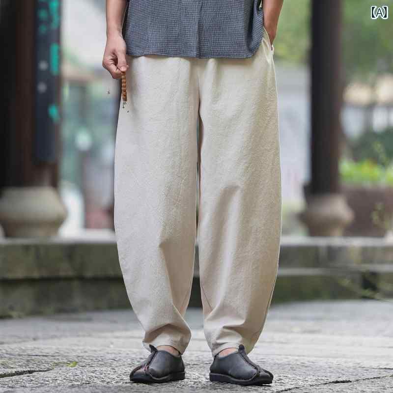 メンズ　カジュアル　ファッション 夏の チャイナ風 メンズパンツ リネン ワイド レッグ パンツ ゆったり 大きいサイズ メンズ コットン＆ ブルマー