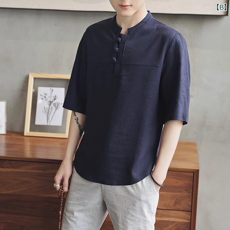 メンズ　カジュアル　ファッション 軽くて ハイエンド チャイナ風 ボタン 付き リネン Tシャツ 夏用 レトロ 唐装 民族 半袖 メンズ 中国 綿 麻 トップス｜SEIYUショップ