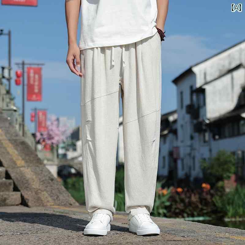 メンズ　アジアン　ファッション リネン パンツ メンズ 夏 薄手 中国 紳士服 レトロ ゆったり 大きいサイズ チャイナ風 綿 麻 ストレート ワイド レッグ