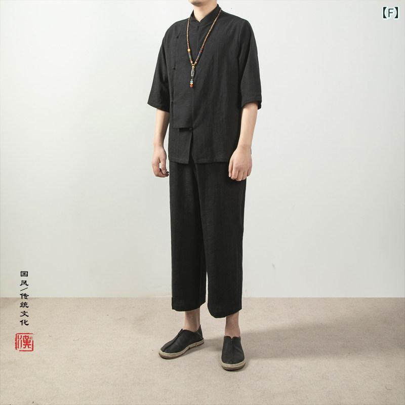 メンズ アジアン 流行り物 夏の 薄っぺら 5点 袖 綿織物リネン プルオーバー メンズ 照明ランプ色合いと 片方 明けっ広げ 民族音楽 瀬戸もの風 リネンプルオーバー 半袖 思いいれる服