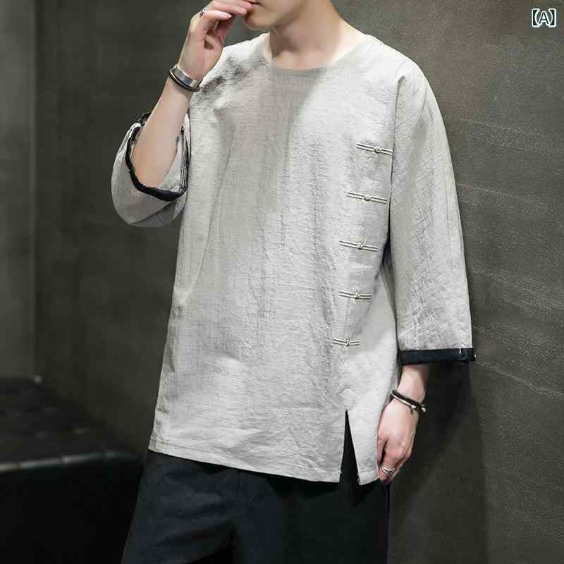 メンズ　アジアン　ファッション チャイナ風 メンズ リネン 半袖 Tシャツ 夏 コットン＆ 七分袖 漢服 トップス 唐装