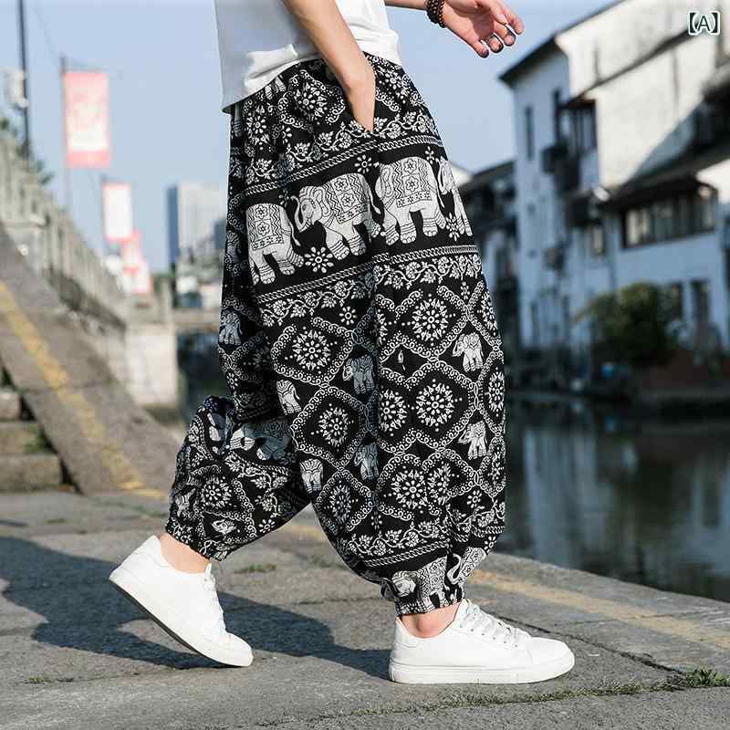 メンズ　アジアン　ファッション リネン パンツ メンズパンツ 夏 薄手 ネパール プリント ビーチ 太め メンズ 大きいサイズ ワイド レッグ 九分丈