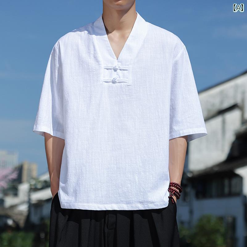 メンズ　アジアン　ファッション チャイナ風 リネン Tシャツ メンズ 半袖 夏 薄手 通気性 コットン＆ トップス 新型 チャイナ風 ボタン 付き Vネック 唐装