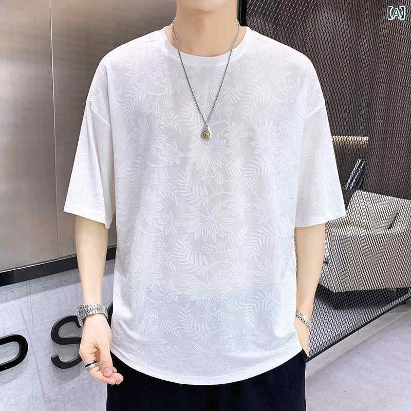 メンズ　アジアン　ファッション 冷感 半袖 Tシャツ メンズ 夏 速乾 無地大 花柄 七分袖 ゆったり 薄手