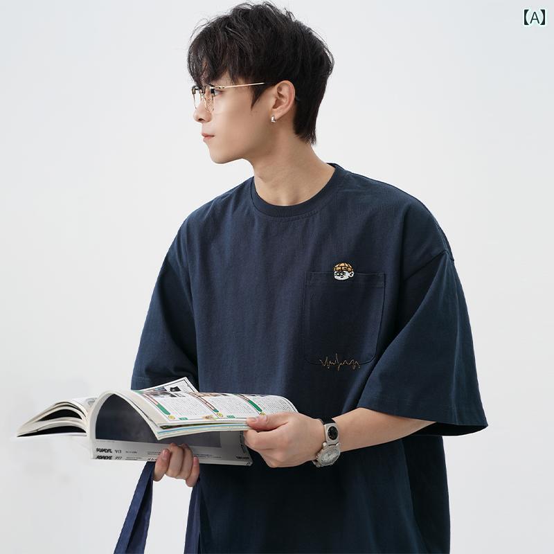 メンズ ストリート シャツ レトロ 綿の 厚手 半袖 Tシャツ メンズ 夏 アメリカン ファッション ゆったり 刺繍 ボーイズ