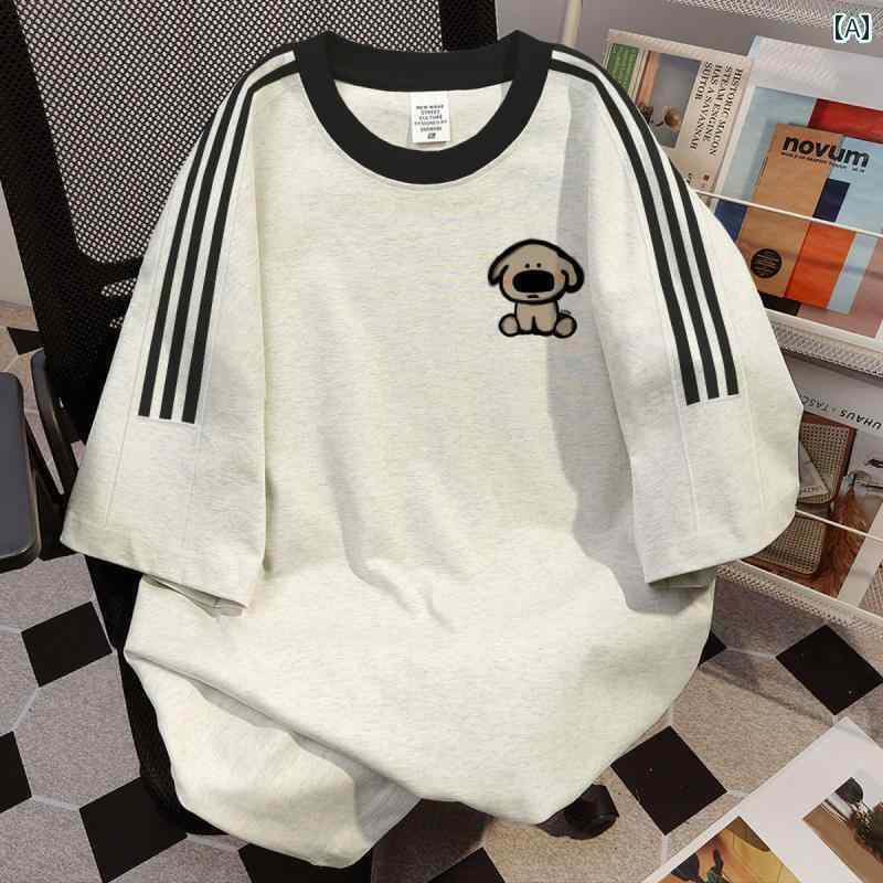 メンズ　ストリート　シャツ 300 Jin 大きいサイズ ヘビーウェイト コットン レトロ プリント 半袖 Tシャツ メンズ レディース 夏 3 BAR ゆったり ラウンドネック トップス