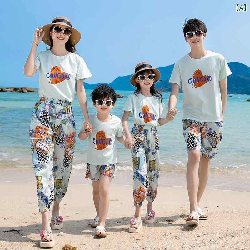 カップル　ユニセックス　ウェア ビーチ カップルの 服装 夏の 三 亜 休暇の 海辺の 旅行 写真の メンズ レディースの Tシャツ 服 海南 島の スーツ