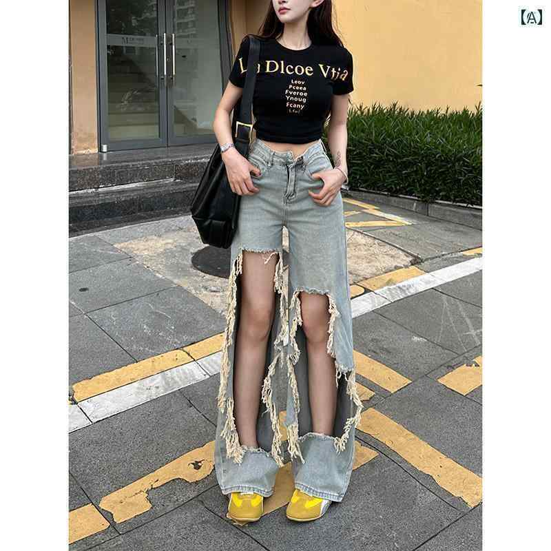 デニム　ジーンズ　レディース Li Clothing未 加工 エッジ ウォッシュ スーパーリップ ド ワイド レッグ ジーンズ レディース 2025 春 ハイウエスト スリム パンツ