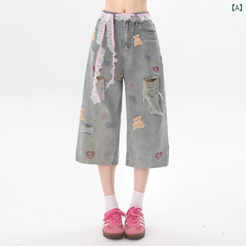 ジーンズ デニム レディース Rayohopp デニムショートパンツ レディース 夏 御居処 跳ねる 大広間 ベア 刺しゅう ゆったり 熱っぽい クロップドパンツ