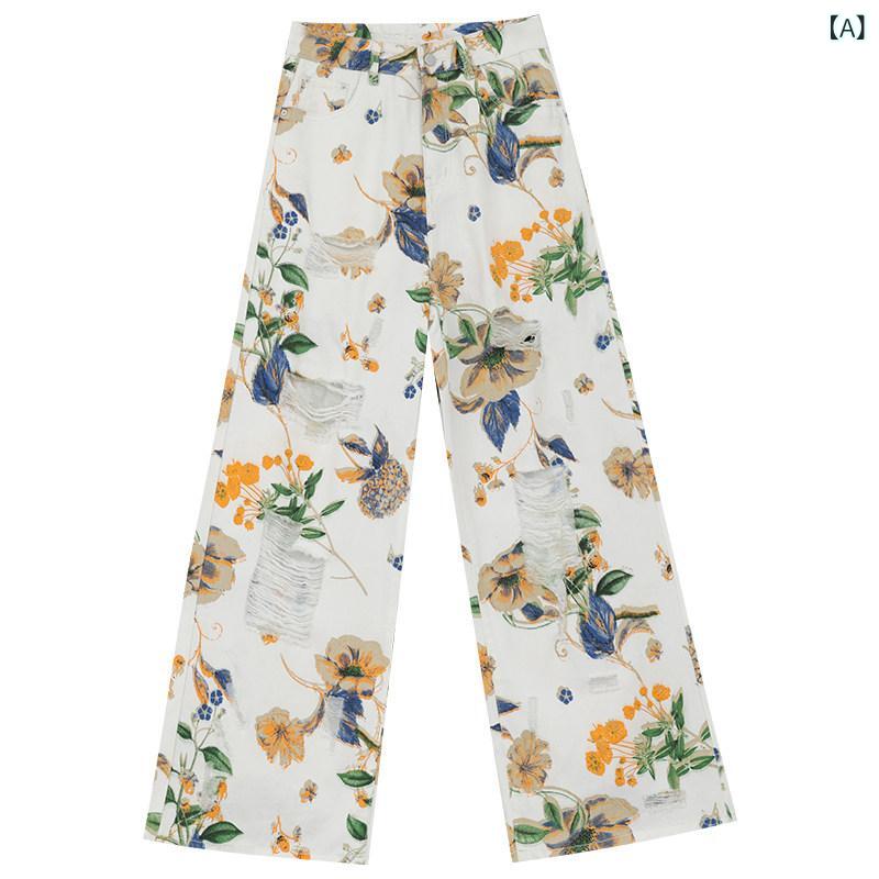 ジーンズ デニム レディース ABWEAR 夏の 白いこと 刷り上げる 破れ目 デニム レディース 2025 立ち会い場 丈 広々とした レッグ ズボン下