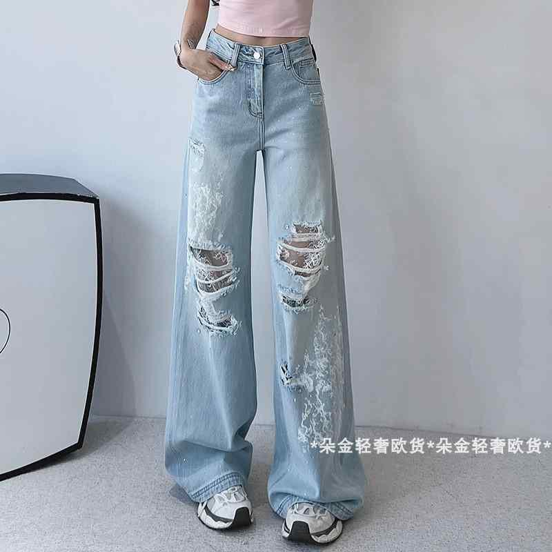 デニム ジーンズ レディース の 商品 2025 春夏 レース スパンコール 破れ ストレート ジーンズ ゆったり モ ッピング パンツ ライト ブルー|SEIYUショップ