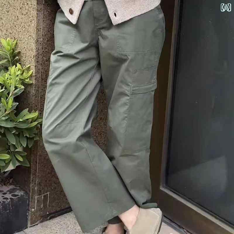 ワイド　カーゴ　パンツ　レディース 2024年 初秋 グリーン アメリカン ハイウエスト オーバー オール 綿 30mm 丈 ストレート パンツ ゆったり スリミング ワイド レッグ レディース