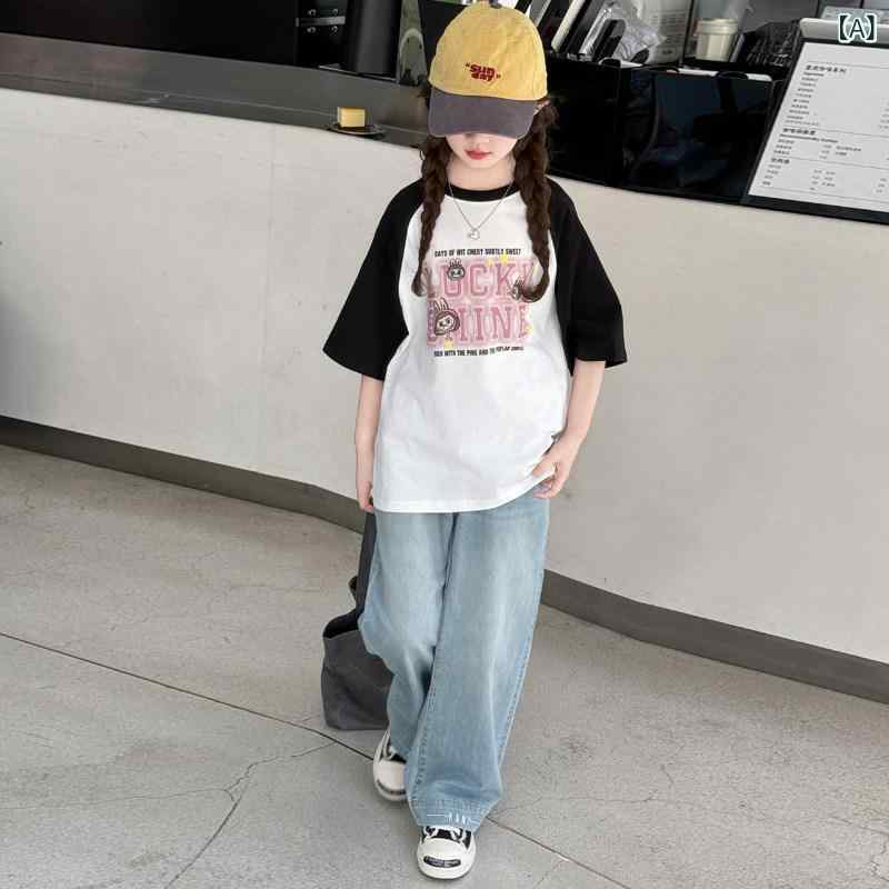 デニム　ワンピース　レディース 女の子 半袖 Tシャツ 夏 綿 トップス 2025 新型 韓国 デニム ワイド レッグ パンツ ツーピース スーツ 9歳