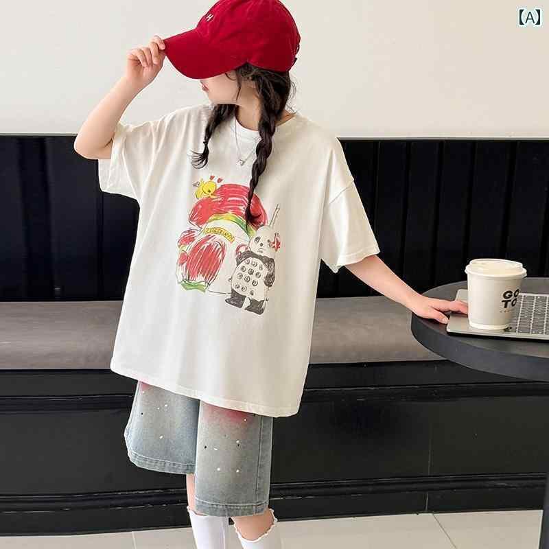 デニム　ワンピース　レディース 女の子 プリント ホワイト 半袖 夏服 2025 新型 ビッグ ガール Tシャツ デニムパンツ ツーピース スーツ
