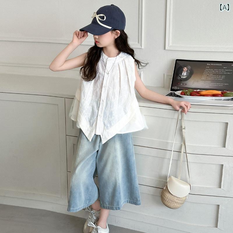 デニム　ワンピース　レディース 中大 サイズ 子供用 夏用 リボン ノースリーブシャツ 2025年 女の子用 デニム クロップドパンツ ツーピース スーツ