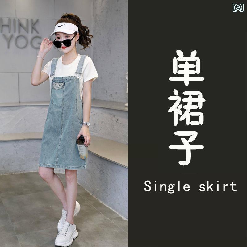 デニム　ドレス　レディース 夏の 薄手 中国 デニムオーバーオール スカート 女性用 小さい サイズ ゆったり 肉を 覆い 刺繍 ドレス