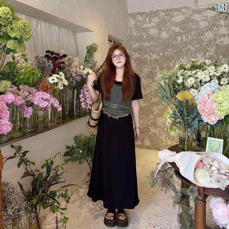 デニム　ドレス　レディース 南島 風 大きめ サイズ 婦人服 スプライシング デニム ベルト ワンピース 夏 体型カバー スリム ロング スカート 太め mm 腹 カバー