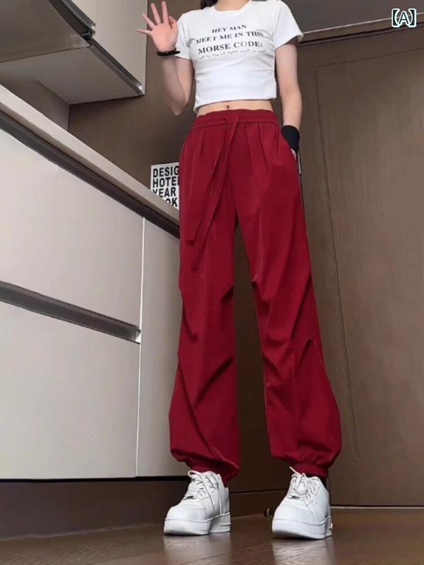 メンズ　ズボン　夏用 男性用 バーガンディ 色の パラシュート オーバー オール 夏の ストリート スタイル クールな パンツ 長い 脚 ハイウエスト 折り返し 付き