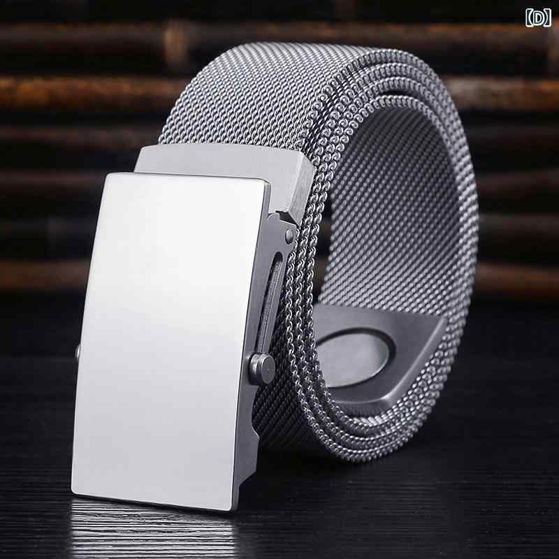 ベルト　レザー　メンズ メンズベルト ステンレス スチール 自動 バックル ファッション メッシュ 編み アウトドア低 刺激性 メタル パンツ ウエスト バンド