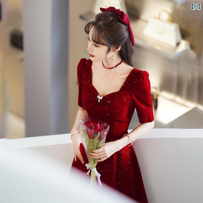 赤いドレス　レディース 赤い ウェディングドレス トースト ドレス 花嫁の ベルベットの 婚約 お返しの カジュアル 小さい ドレスは 平日に 着用 できます