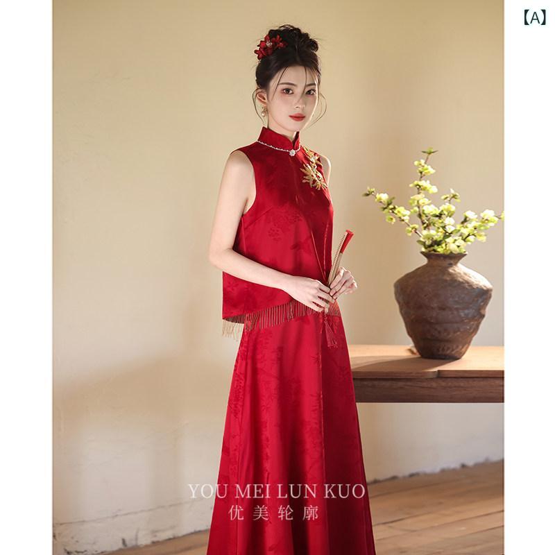赤いドレス　レディース 中国 トースト ドレス 花嫁 2025 赤い 婚約 レディース ウェディング モーニング ガウン 高級 帰国 夏