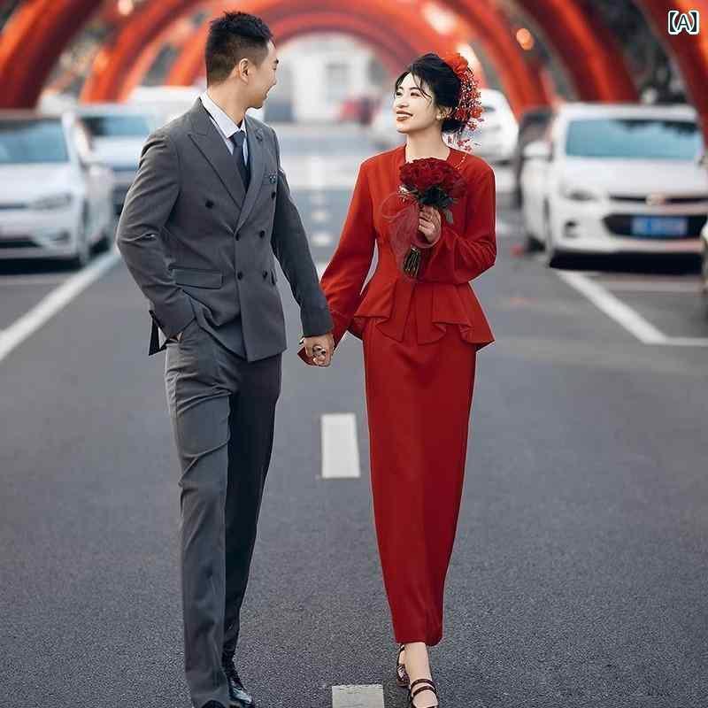 赤いドレス　レディース レトロ 赤い トースト ドレスの 花嫁の 高級 チャイナ風 チャイナ ドレス スーツ 婚約 スカート 長袖 小さい