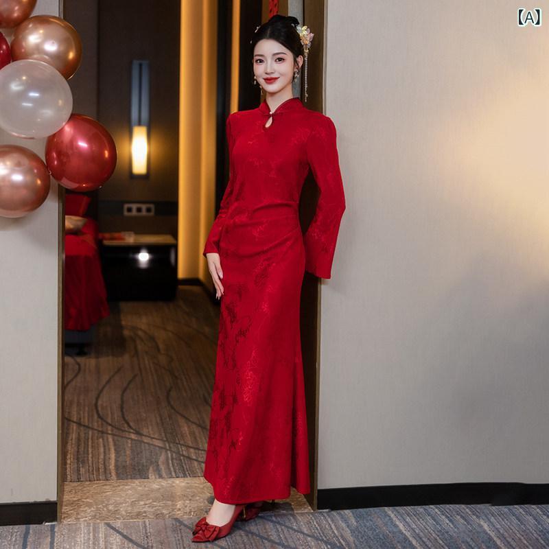 赤いドレス　レディース 中国 チャイナ ドレス トースト 2025 花嫁の ウェディングドレス フィッシュ テールの 婚約 お返しの 女性｜SEIYUショップ