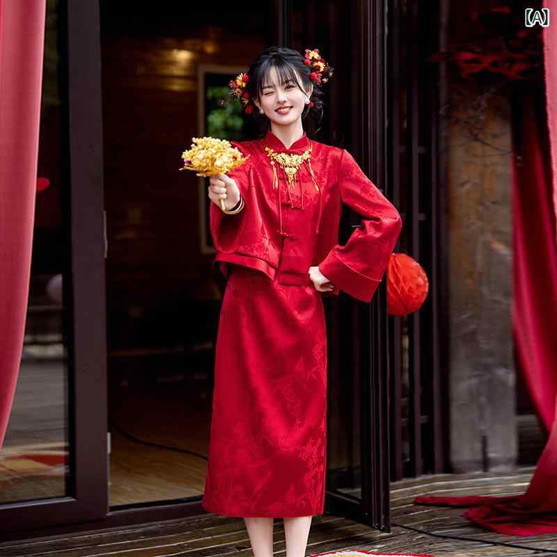 赤いドレス レディース トースト ドレス 花嫁 チャイナ風 婚約 チャイナ 女性 ツーピース スーツ 帰国 ウェディングドレス スカート 赤 高級