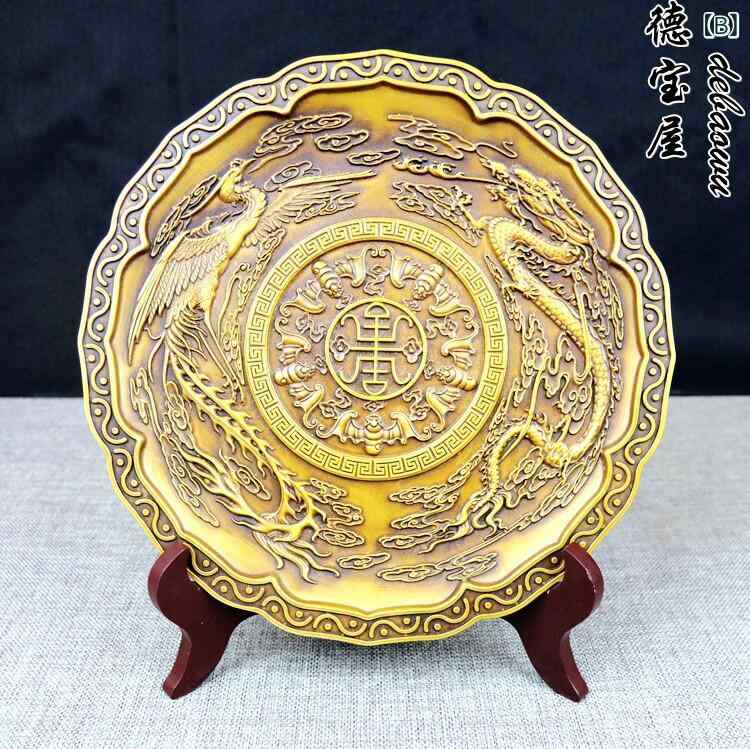 アンティーク　雑貨　飾り 銅の 装飾品 銅製 龍 皿 九 供物 縁起の 良い 壁掛け 鳳凰 丸 飾り 8,268円