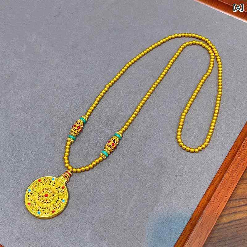 ペンダント ネックレス アクセサリー 金色の 八 宝 羅針盤 ペンダント ロング ビーズ チェーン フェイク 砂金 幸運 ネックレス 女性用 エナメル 新 チャイナ風 セーター