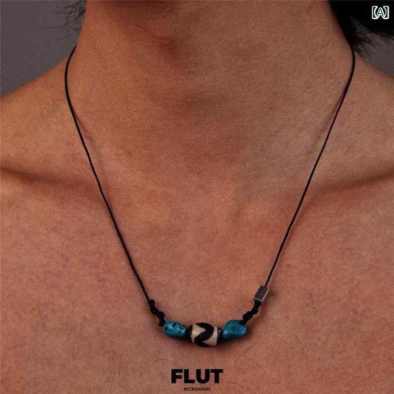 ペンダント ネックレス アクセサリー FLUT レトロ ターコイズ 瑪瑙 ペンダント ネックレス 編み ロープ 鎖骨 チェーン 男女兼用