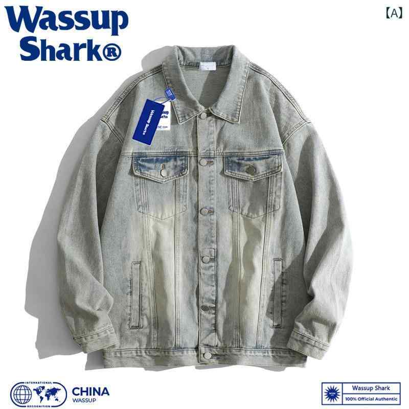 デニムジャケット　メンズ　シャツ Wassup Shark アメリカン デニムジャケット メンズ 春秋 レトロ ワークウェア カジュアル ジャケット トップ