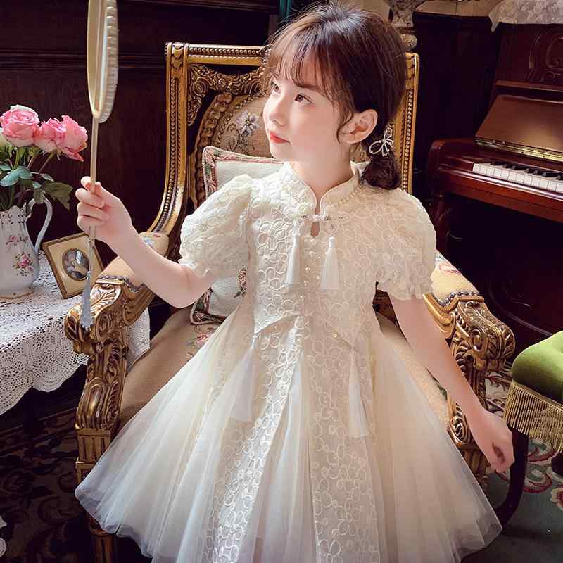子供服　カジュアル　かわいい 女の子 ドレス 新 チャイナ風 子供 漢服 サマー 2024 チャイナ パフスリーブ メッシュ プリンセス