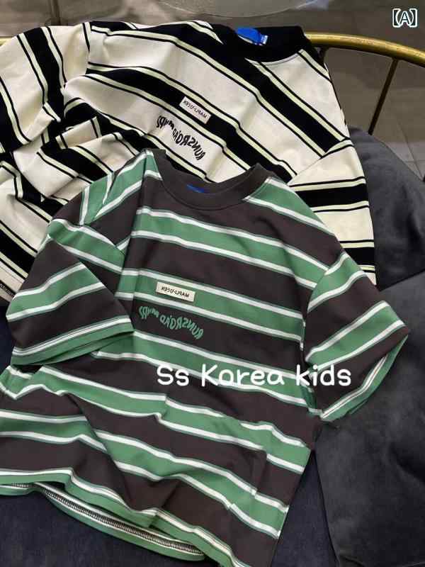 子供服　カジュアル　かわいい ボラ 韓国 子供服 男の子 ストライプ Tシャツ 半袖 2025 夏 子供 ゆったり トップス 女の子 洋風