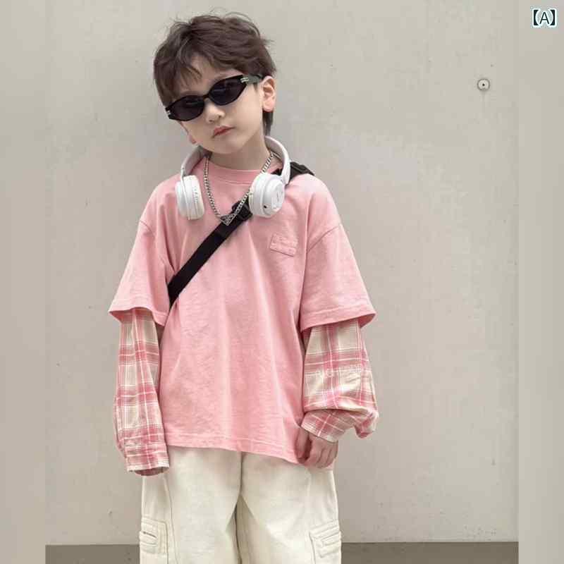 子供服　カジュアル　かわいい 男の子 フェイク ツーピース スウェットシャツ 春秋 2025 韓国 ピンクの チェック 柄 子供用 トップス