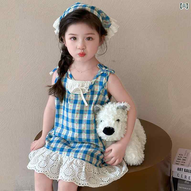 子供服　カジュアル　かわいい 女の子 ドレス 夏の 2025 韓国 ベビー レトロ チェック 柄 レース フェイク ツーピース コットンドレス ベスト