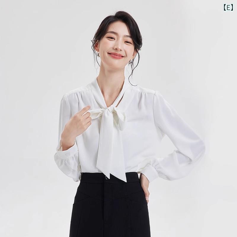 白シャツ　制服　レディース Tumanduoの 白い リボンの 長袖 シャツ。 春秋に 着用 できる 女性用。 公的 試験 教員 資格 面接用 スーツ シャツ どに 最適な フォーマルウェア。