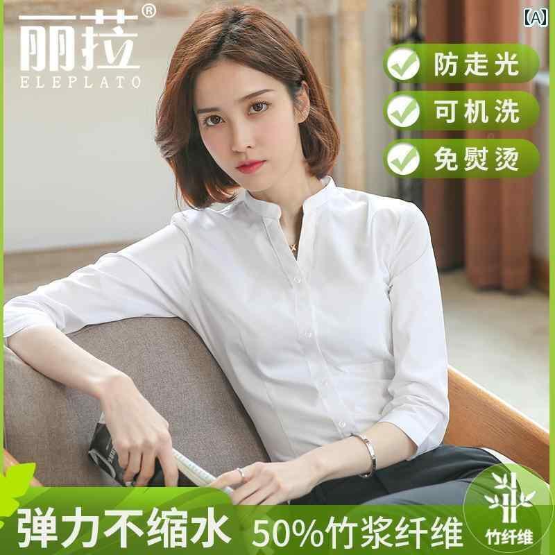 白シャツ　レディース　きれいめ スタンドカラーの 白い シャツ レディース 七分袖の 夏の 作業着の 丸 襟の シニアの プロの 通勤