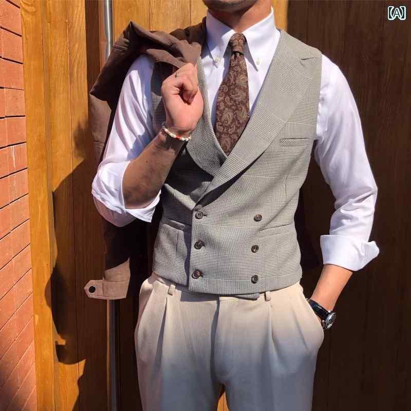 スーツ ベスト メンズ Mr Lu San ライト グレー プリンスオブウェールズ チェック 柄 スーツ ダブルブレスト ベスト ビジネス ファッション スリム 男性用