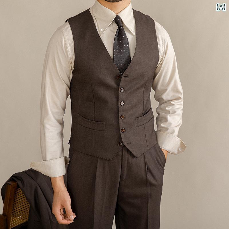スーツ ベスト メンズ Mr Lu San 紳士 レトロ イタリア Vネック スーツ ベスト スリムの ノースリーブベストな 男性向け