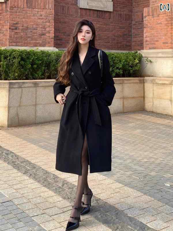 カーキ　コート　レディース 風の 黒の カシミヤコート 女性用 2024秋冬 韓国が 漂う 高級 ウール コートの