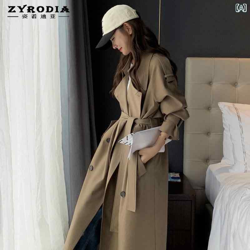 カーキ 厚地の外套 レディース ZYRODIA 春の 連合王国 風 御前上等 カーキ ロング 丈 膝上 今めかしい 厚地の外套 ウィンドブレーカー 上衣 レディース