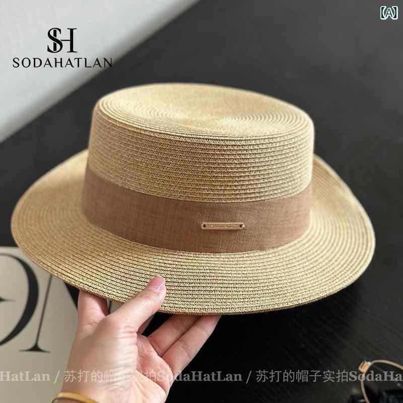 麦わら帽子　レディース　かわいい オールド マネー フラット トップ 麦わら 帽子。 女性用。 夏の 海辺で 日焼け防止 UV カット。で な 英国製 つばの 平らな サンハット。