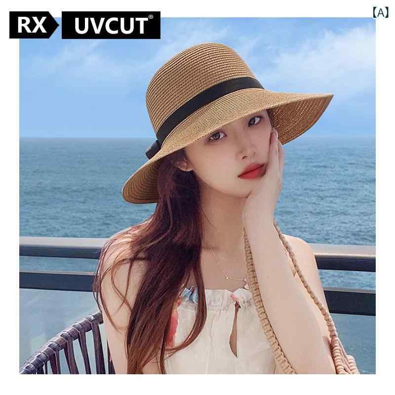 麦わら帽子　レディース　かわいい RX UVCUT つば 広の ラフィア ハット。 夏の ビーチ 旅行に 最適な 女性用 帽子。 顔が 小さく に 使える サンハット。