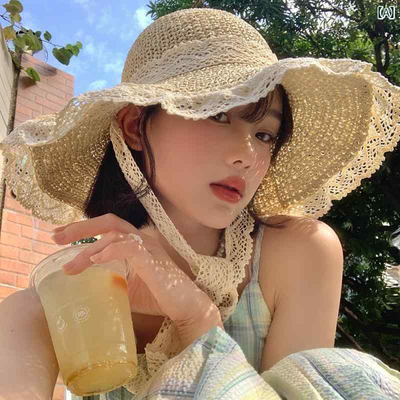 帽子　麦わら　レディース フランスの 麦わら 帽子 レディース 2024 夏の新 スタイル 通気性 レース 太陽の 海辺の
