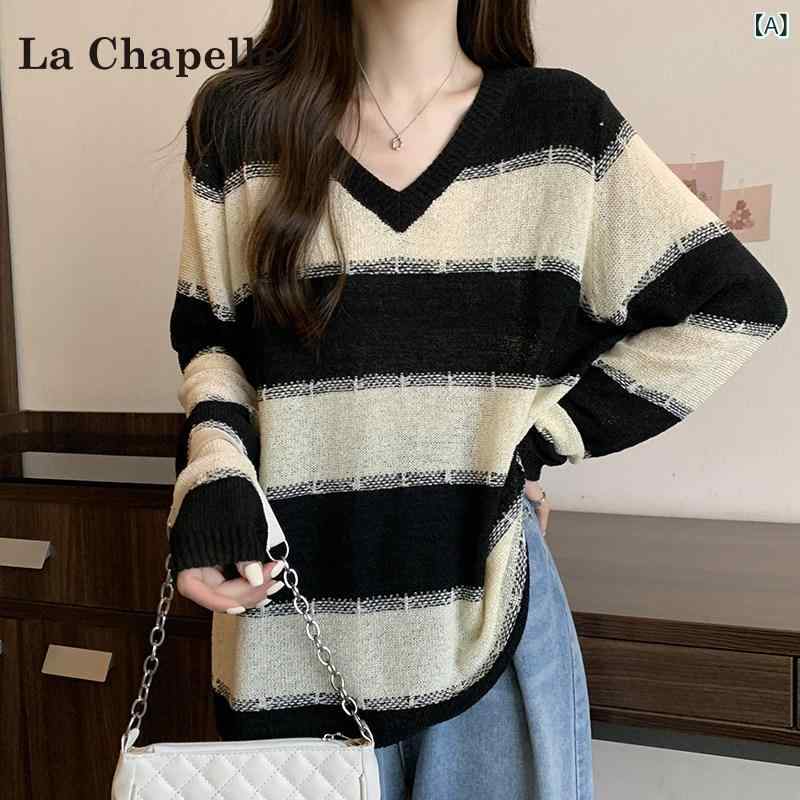 セーター レディース Uネック ニット La Chapelle 大きい サイズ ストライプ V ネック セーター レディース 2025年 春 新作 ファット MM ルーズ 長袖 ボトムス シャツ
