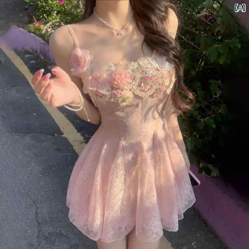 レディース 春夏 ワンピース フレンチスタイル 甘美 レース ショート丈 ストラップ ウエストシェイプ スリム効果 軽やか シルエット 女性らしい