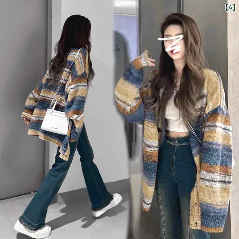 セーター レディース Uネック ニット 韓国 スタイル 怠 惰な スタイルの ストライプの セーター ジャケット 女性の ための 秋と 冬 2024 新しい ソフト ワックス ニットカーディガン ハイ エンドの 摩耗