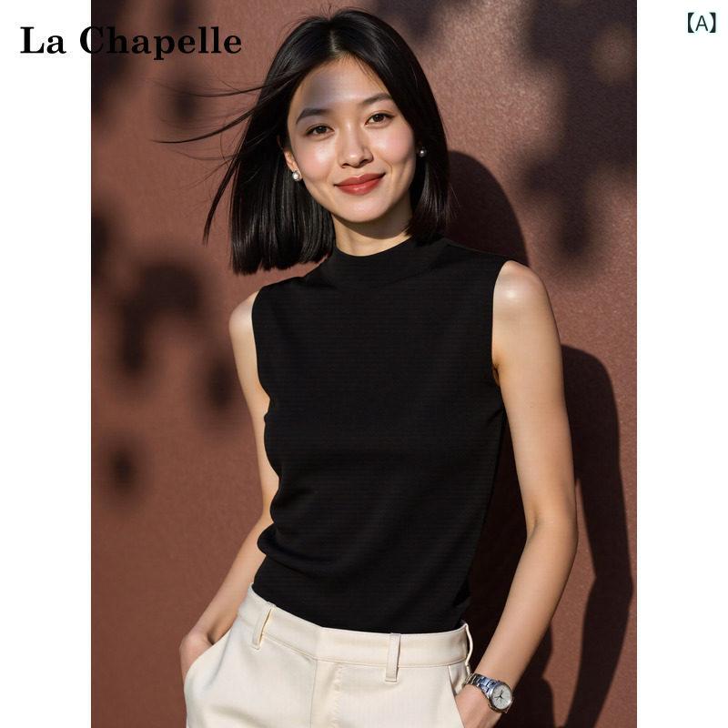 編み物キャミソール より良い レディース La Chapelle 黒いこと 二分の一 御機嫌 色合い 冷感 編み物 より良い レディース 夏 肌付きお召しもの か細い ノースリーブ 度合い輪っか プルオーバー スモール いの一番